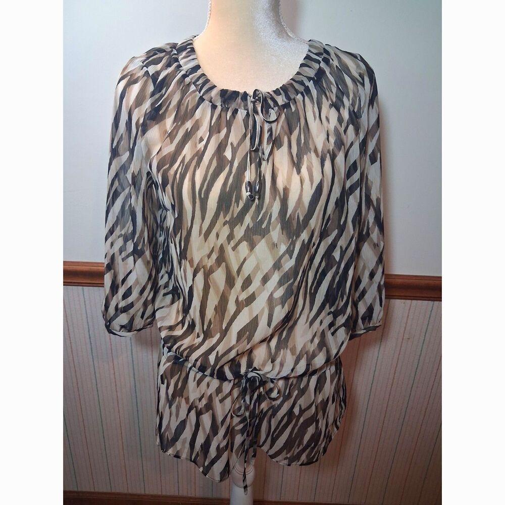 Dana Buchman Brown/Beige/Black Animal Print Ladies Chiffon Blosue - Size S